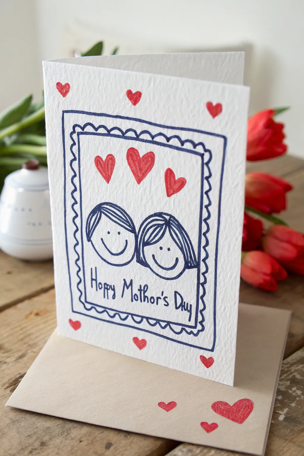 Sweet portrait frame doodle card with tiny hearts, clean minimal style, bold color contrast