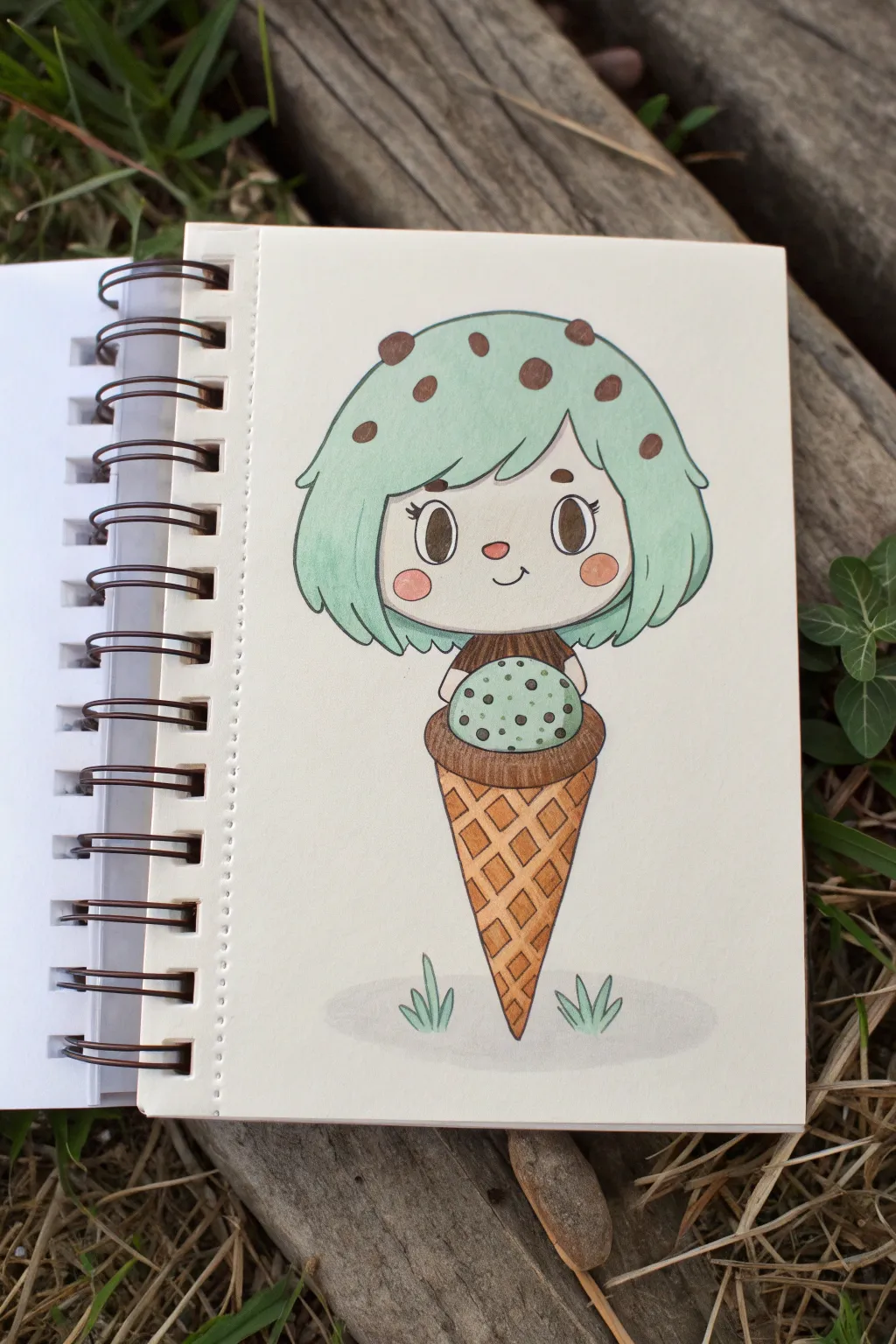 Mint Chocolate Chip OC inspo: mint hair, choco freckles, waffle textures, bold minimalist vibes