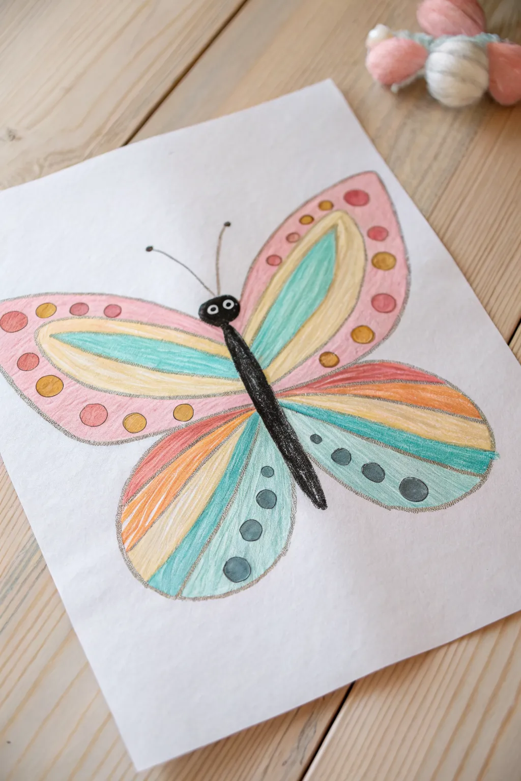 Cute oil pastel butterfly: bold layered wings with simple dots and curves, bright and beginner-friendly