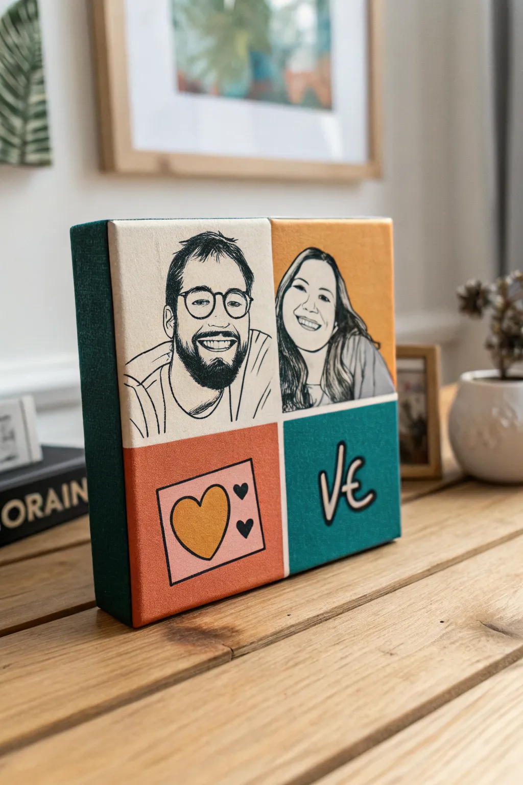 A tiny 4-panel inside joke comic painting, minimal and bold, made just for your boyfriend