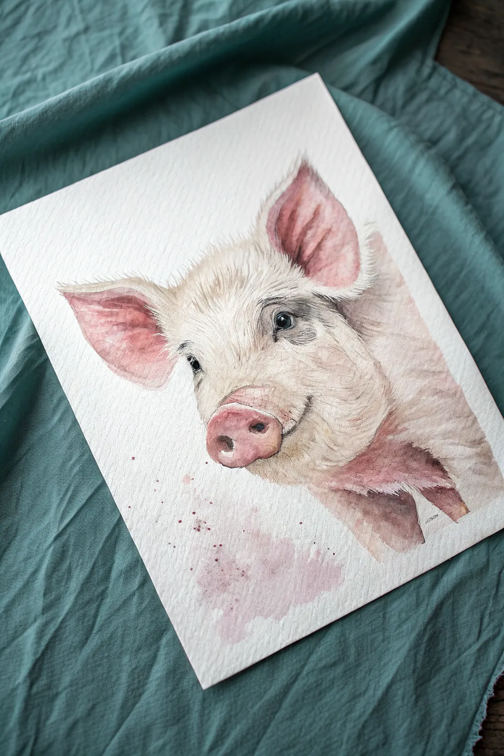 Loose blush watercolor piglet with dreamy blooms, minimalist and beginner friendly cute idea