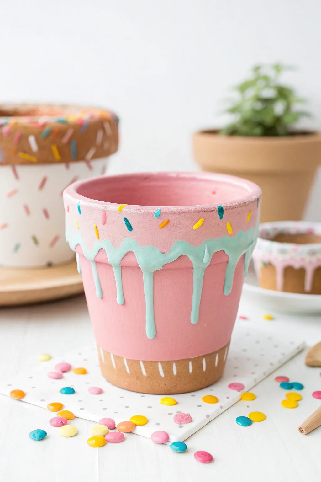 Drippy icing donut pot with sprinkle dots, a bold yet minimal craft-table centerpiece