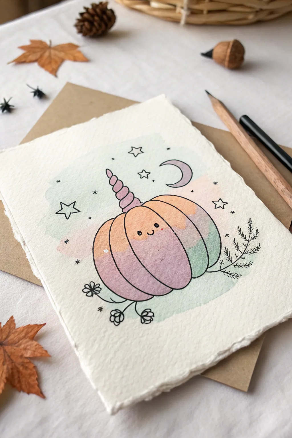 Dreamy pastel pumpkin with a unicorn horn and tiny stars for a cute minimalist boho vibe