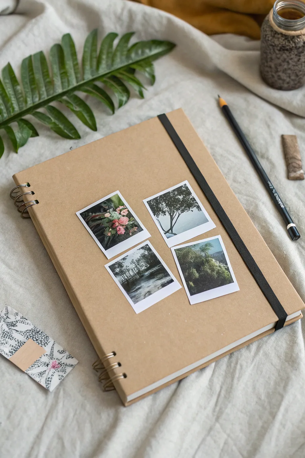Mini photo prints and doodles make a cozy, minimalist sketchbook cover with boho charm.