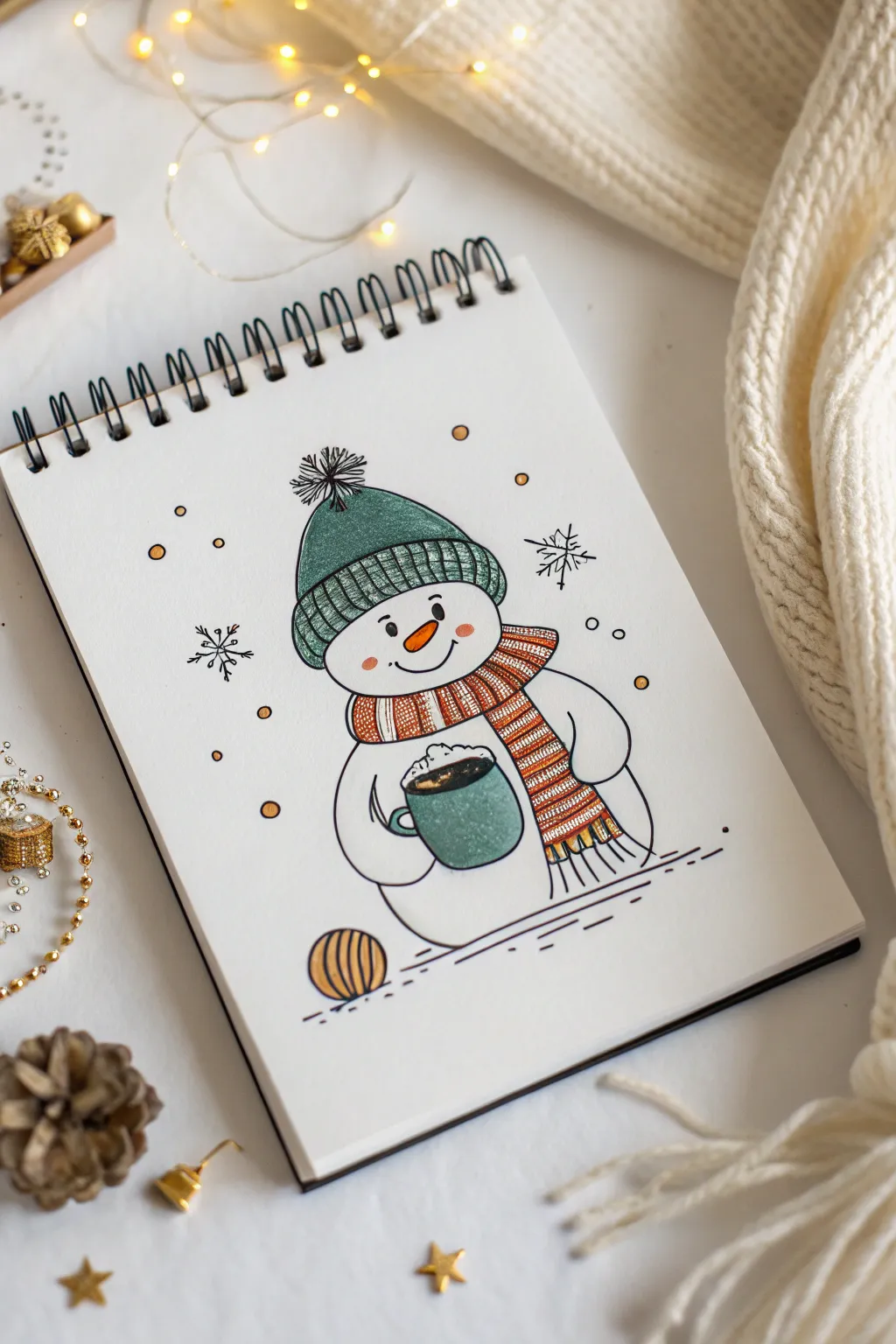 Cozy snowman + cocoa mug sketch: minimal, bold colors, a few sparkles, perfect winter doodle