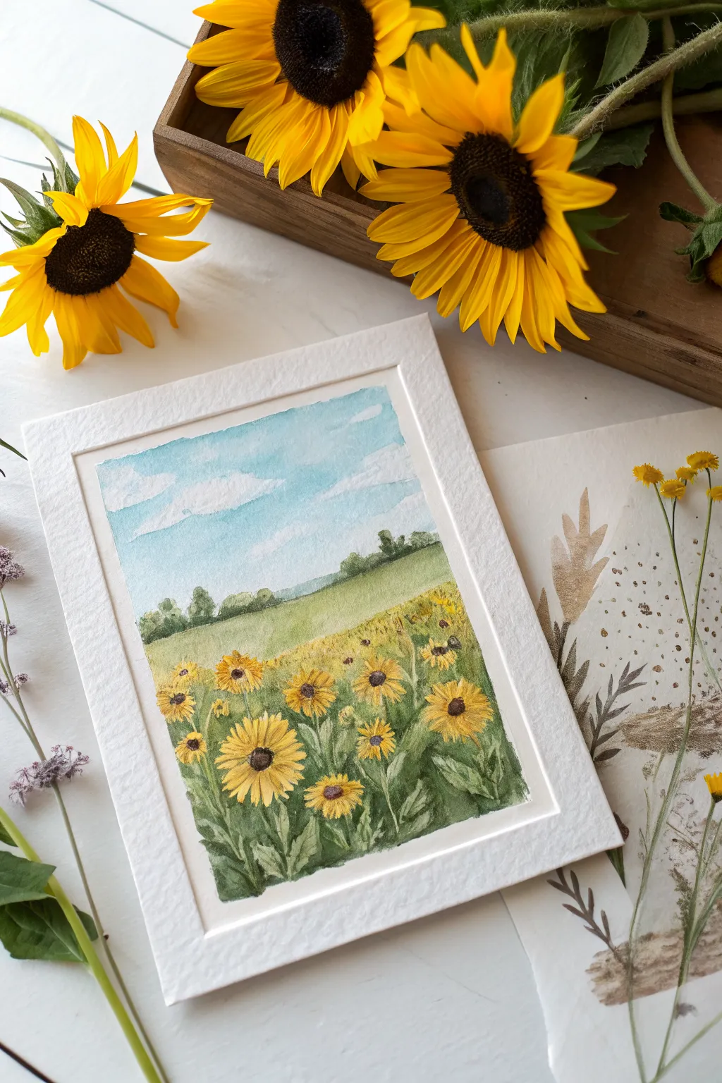 Stamped sunflower field painting: soft sky, bold blooms, easy minimalist boho inspiration