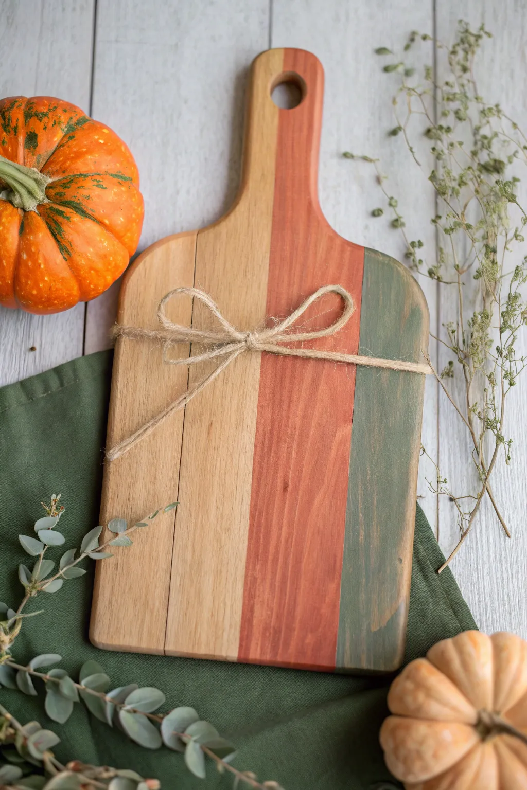 Pumpkin patch cutting board art with twine and linen bow, minimalist fall charm in bold hues