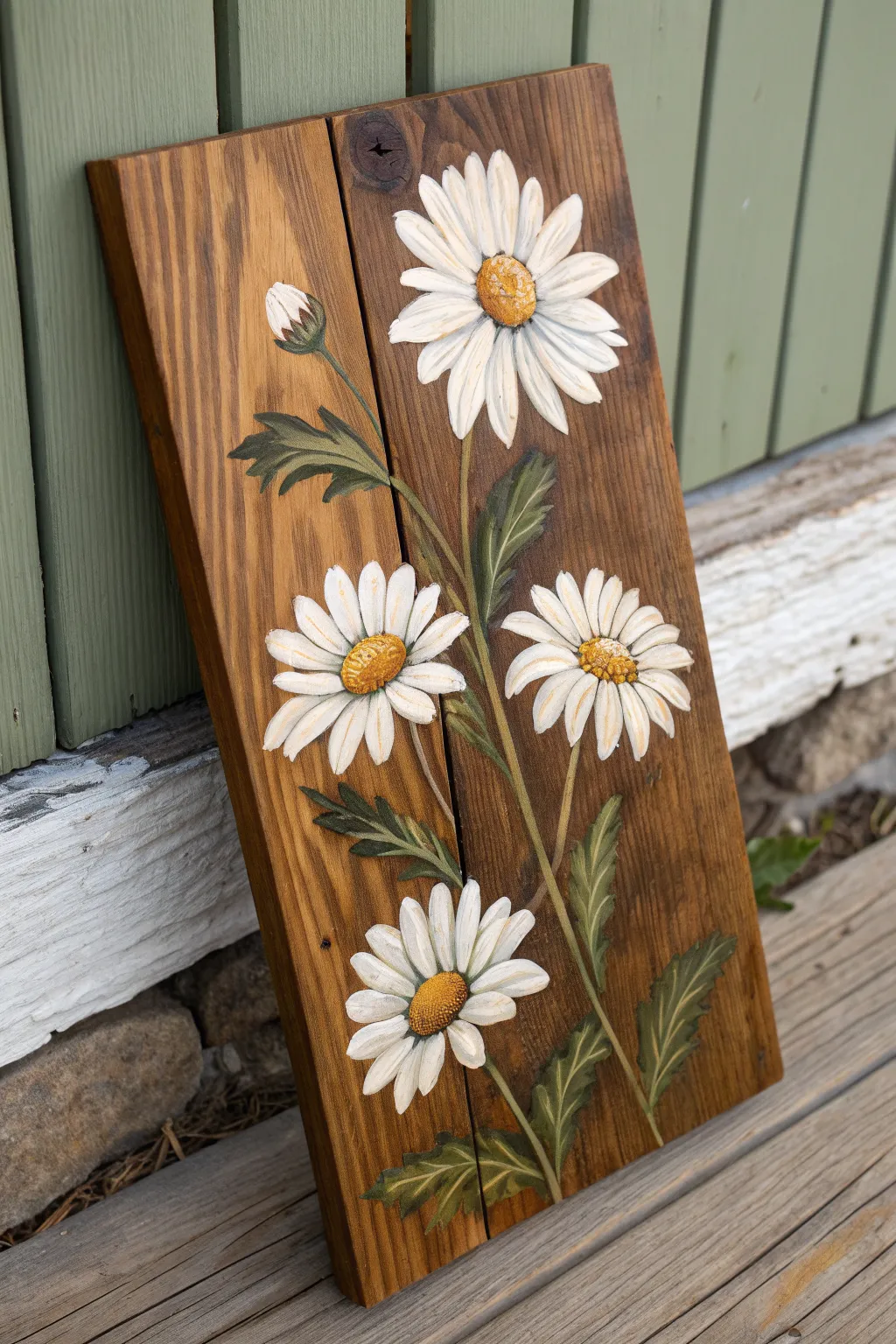 Rustic wood-grain daisy painting with crisp white petals and bold contrast, minimalist boho feel