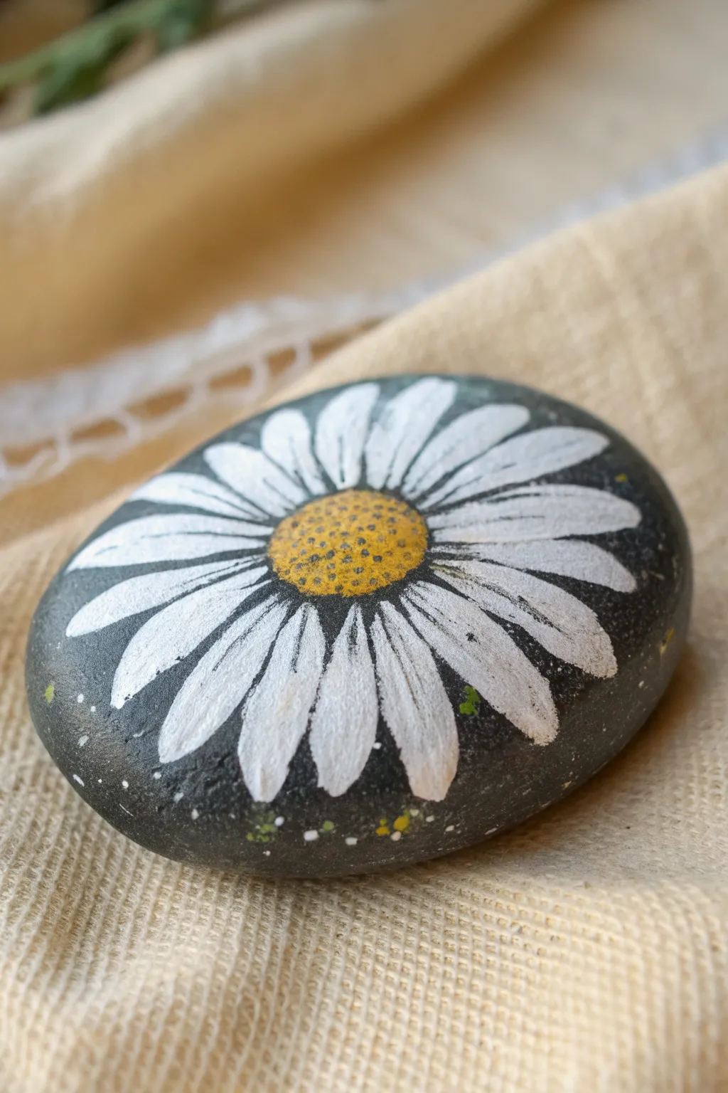 Stippled sunshine: textured yellow daisy centers on painted rocks for an easy boho craft