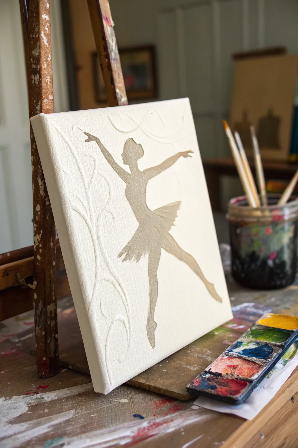 Negative space dancer cutout on a textured boho canvas with bold, striking color contrast