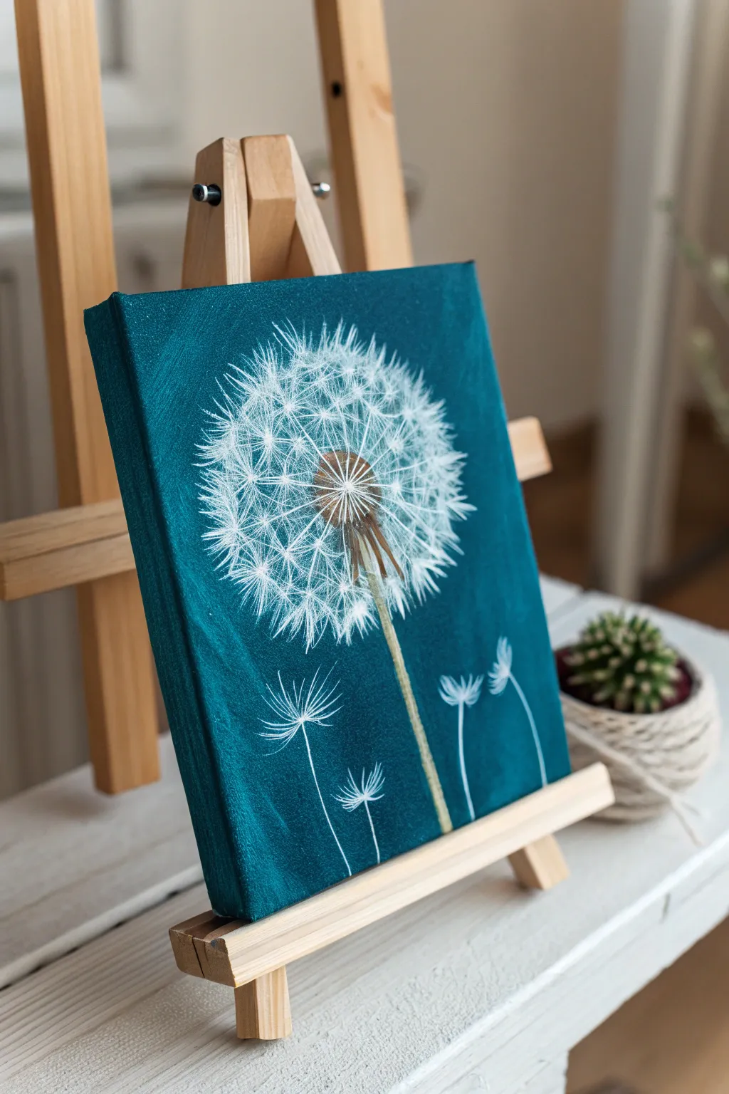 Palette knife scrapes add sparkly white seed highlights to a bold teal dandelion head.