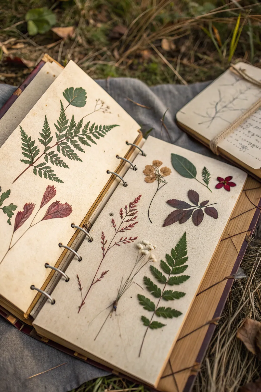 Dark academia herbarium spread with pressed leaves, warm aged paper, and bold botanical color