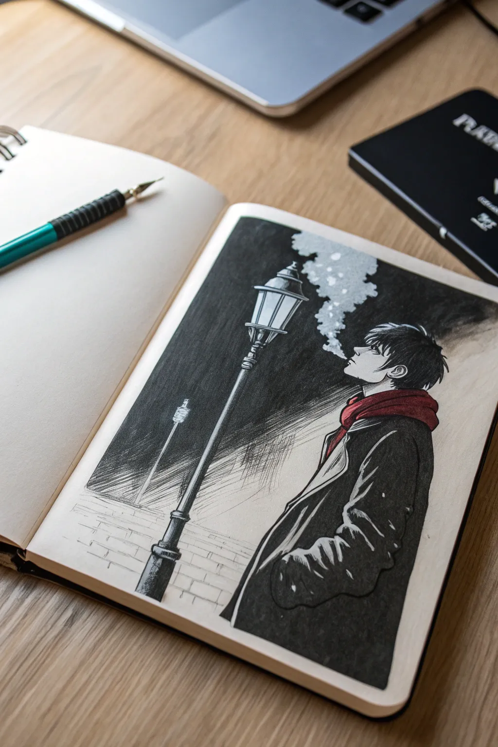 Noir streetlight anime sketch with drifting smoke and a single bold cheek highlight