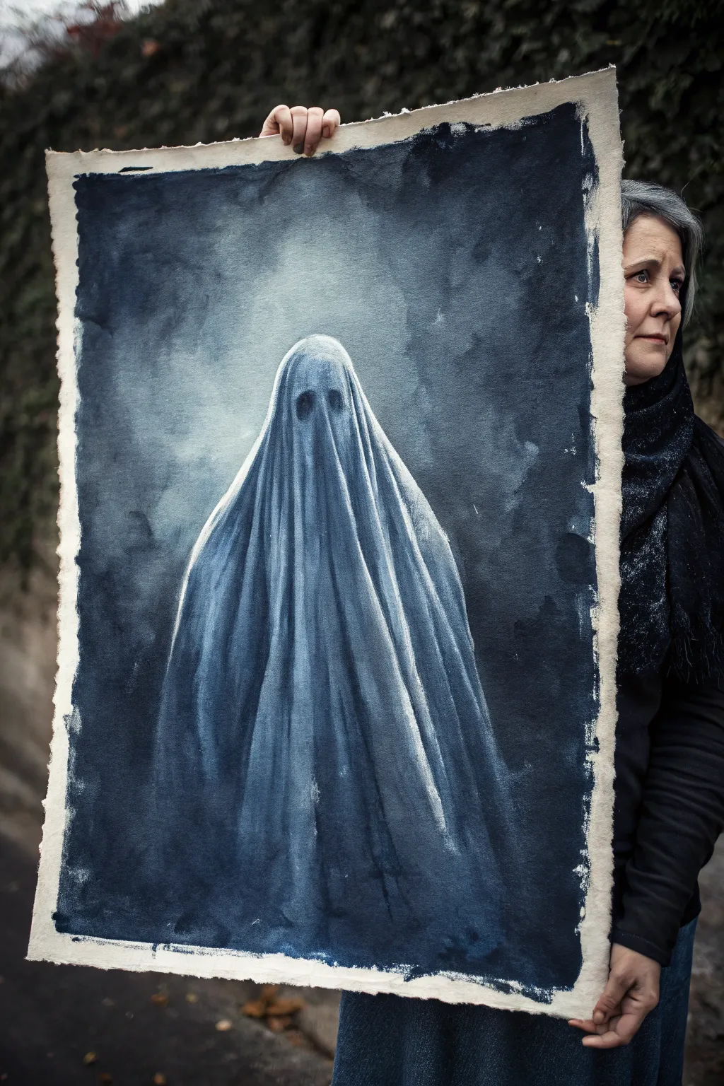 High-contrast dark wash painting with a soft ghostly figure, minimalist, moody, and elegant