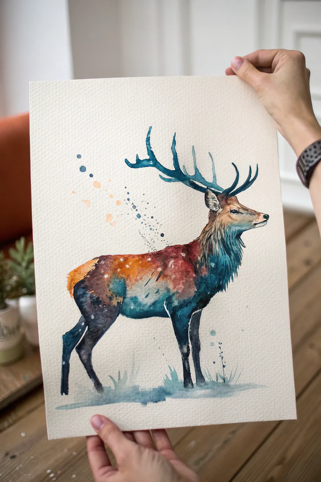 Loose watercolor deer splashes in bold boho tones—minimal, airy, and beautifully crafted.