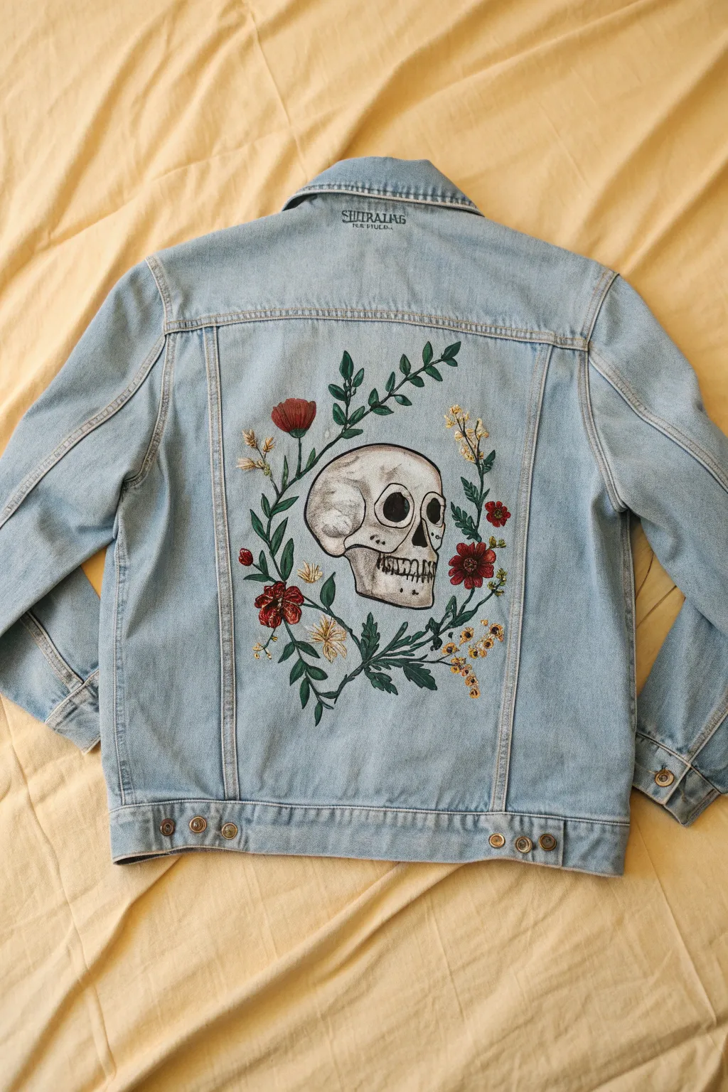 Vintage skull and botanicals on distressed denim for a bold, handcrafted jacket back design