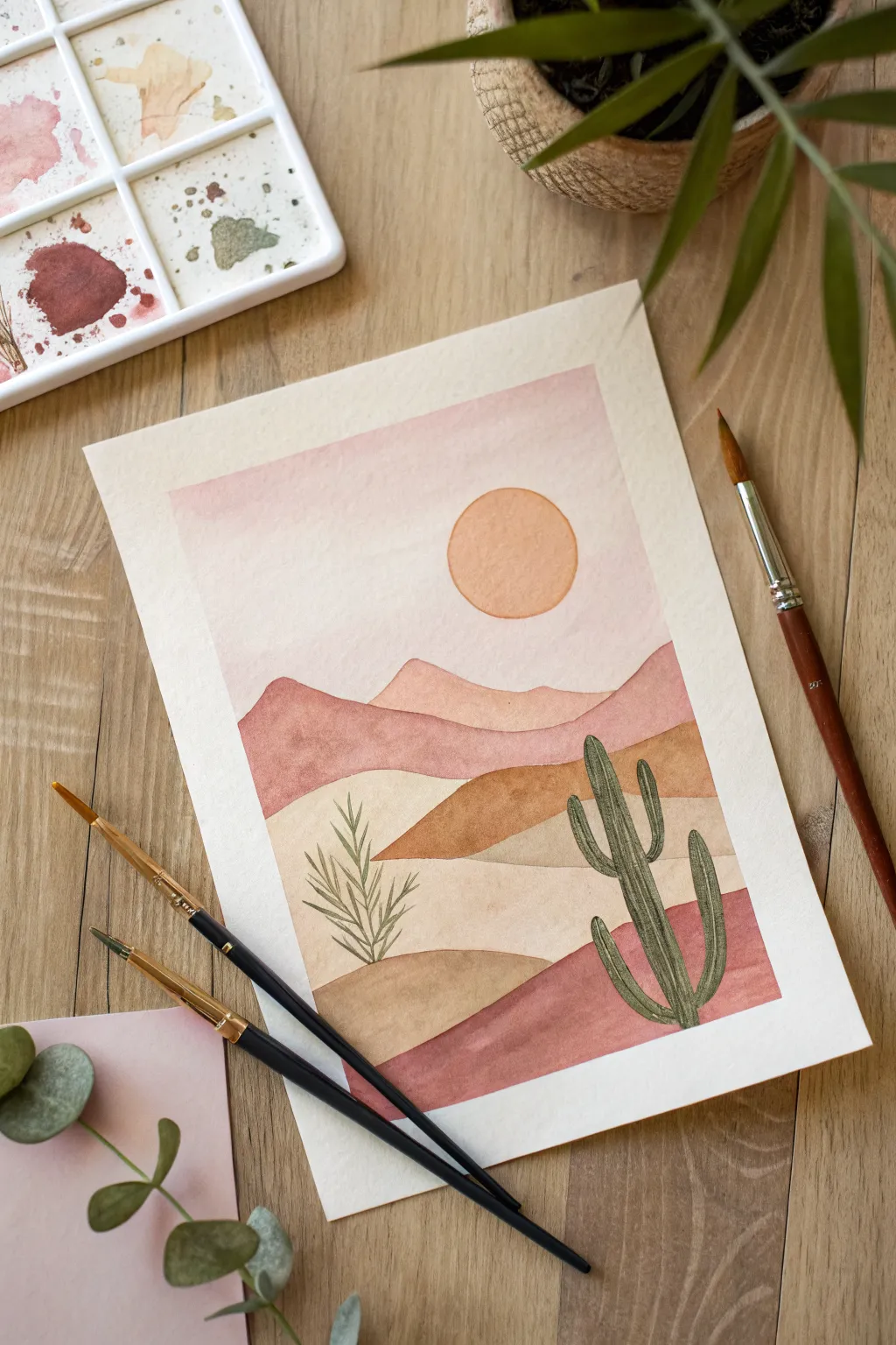 Minimal boho desert painting in soft pastels with simple shapes and calm Scandinavian style