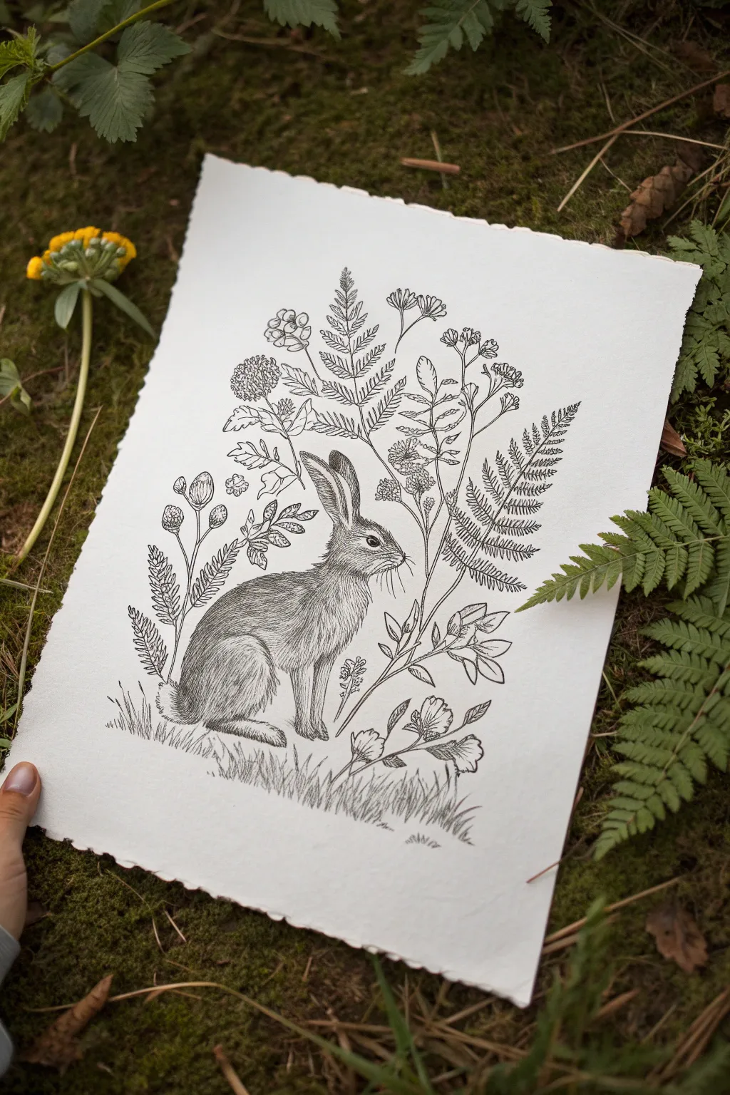 Surreal flora-fauna hybrid illustration with layered organic patterns in a crisp minimalist style.