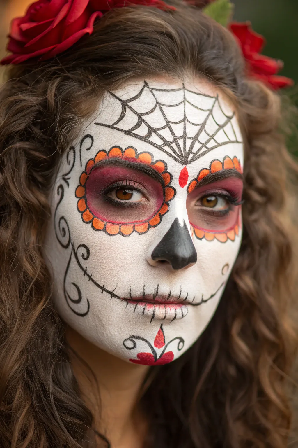 Calavera face paint with a delicate spiderweb forehead and elegant swirls, bold contrast and minimal charm.