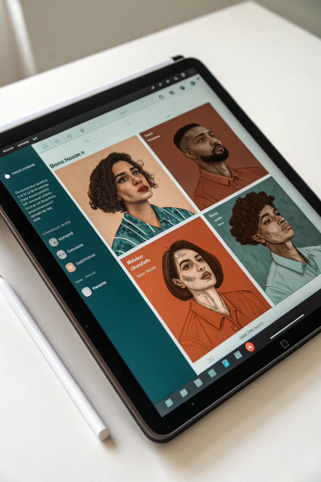 Portrait progression in four clear stages, from sketch to final render in a bold minimalist style
