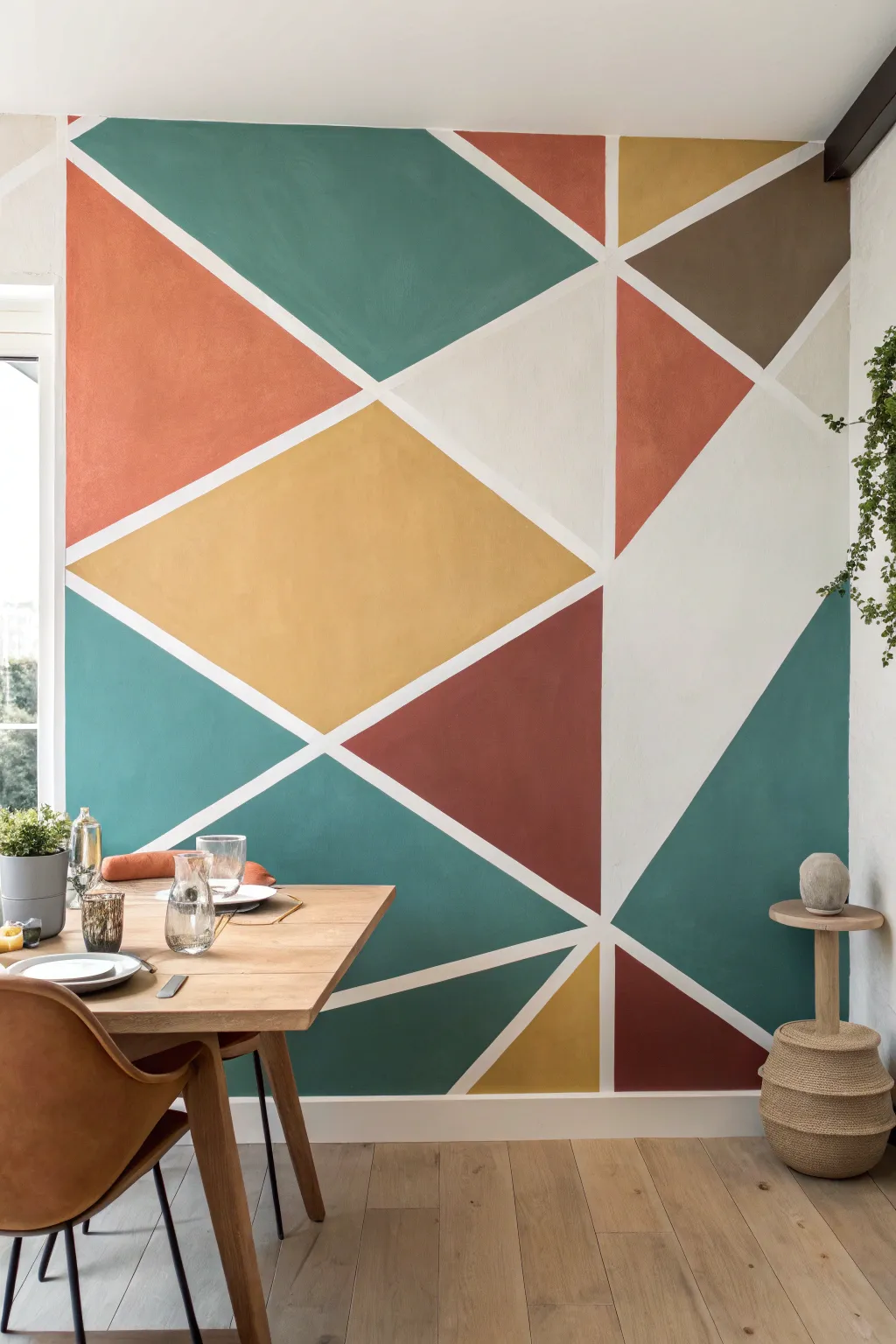 Crisp abstract color blocks for a bold dining room mural moment, minimalist Scandinavian with boho warmth.