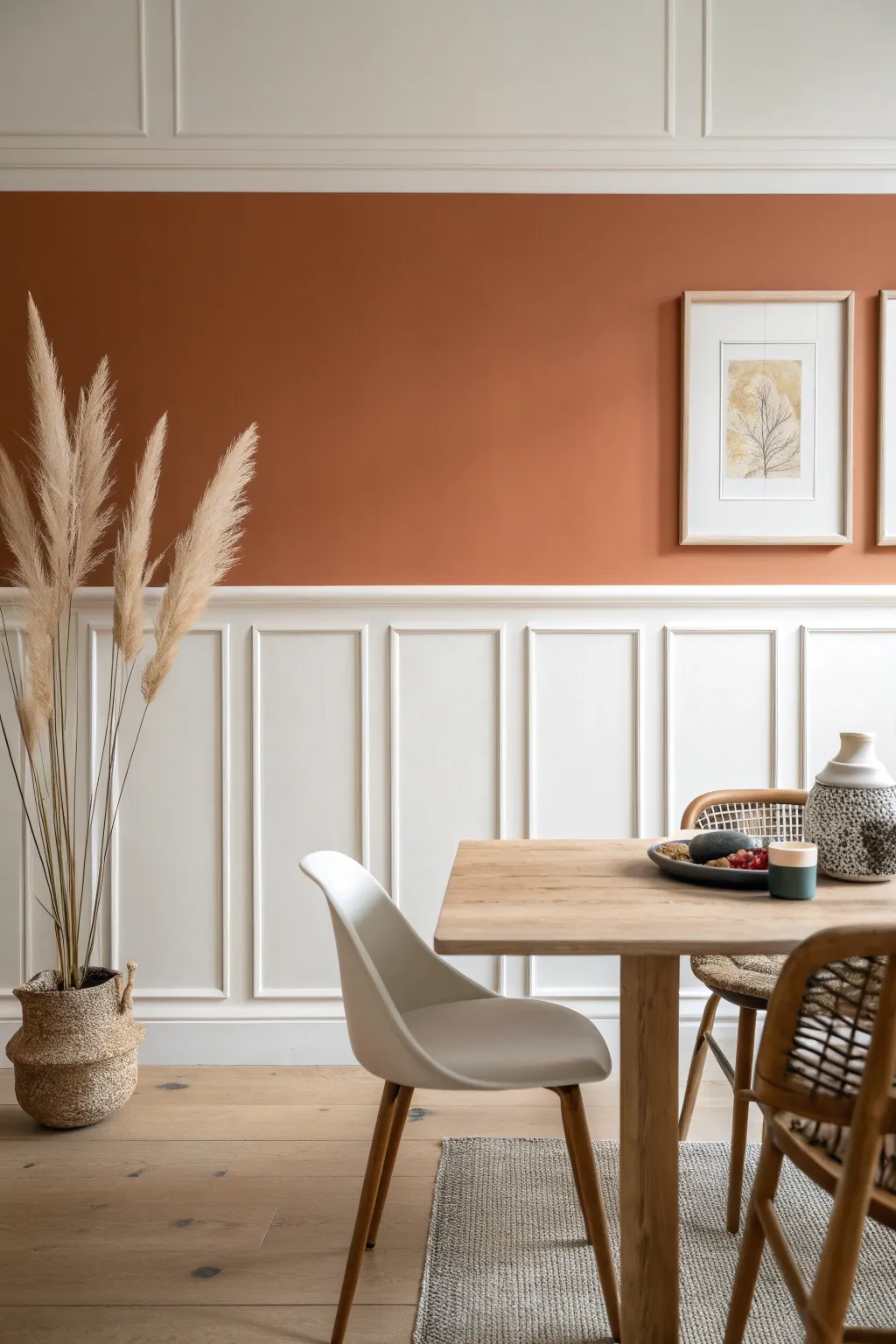 Chair rail color split creates instant structure with bold terracotta and soft ivory contrast