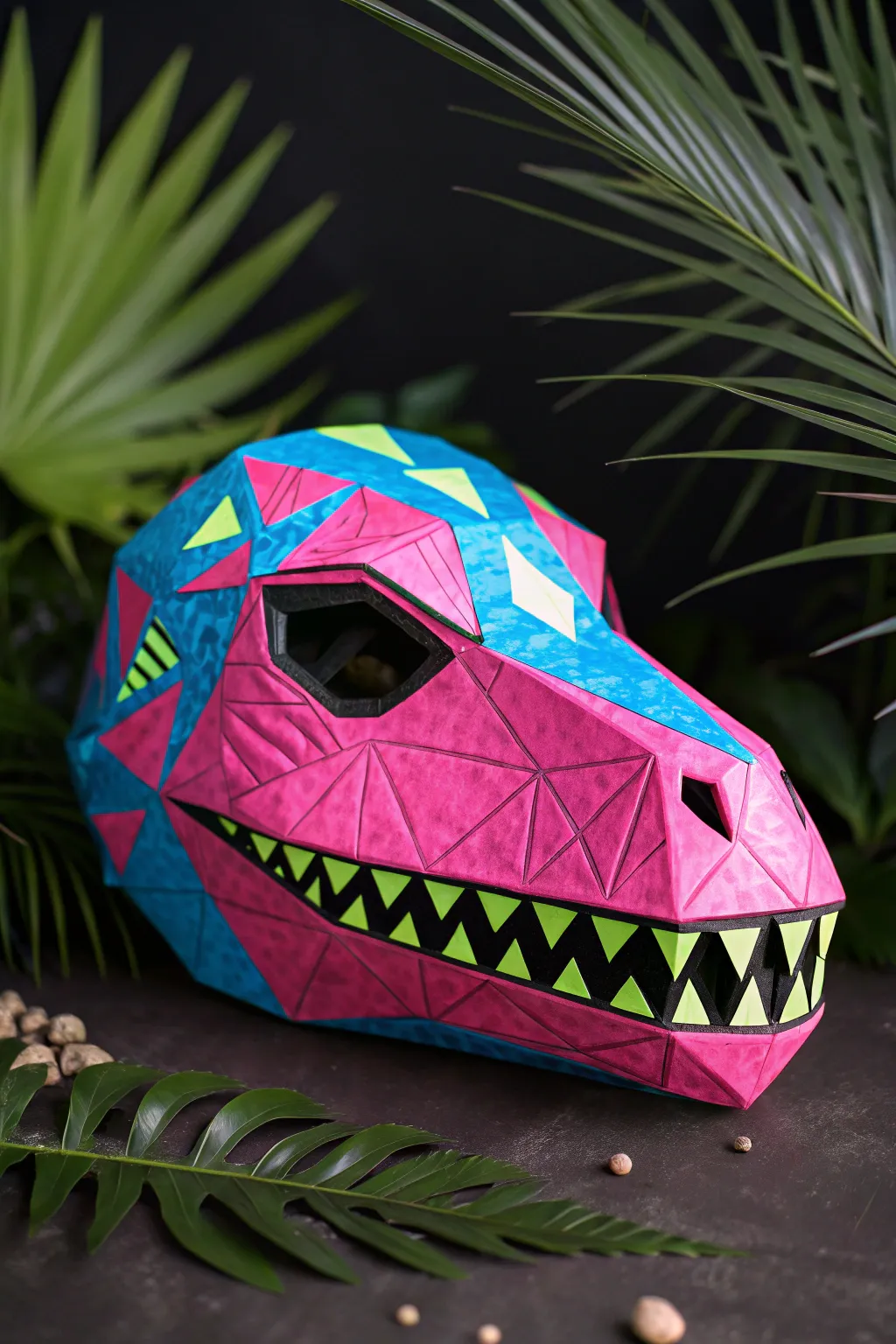 Neon rave dino mask in hot pink, electric blue, and lime for a bold DIY statement