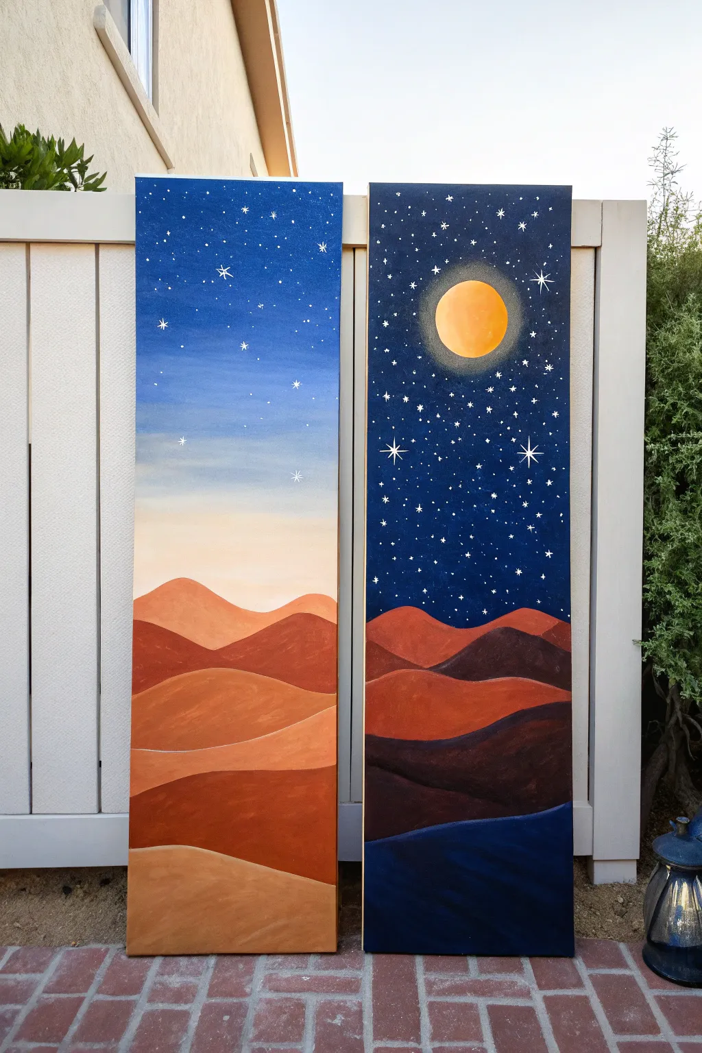 Day-to-night diptych: a single serene landscape split in two, with sun melting into moon at center.