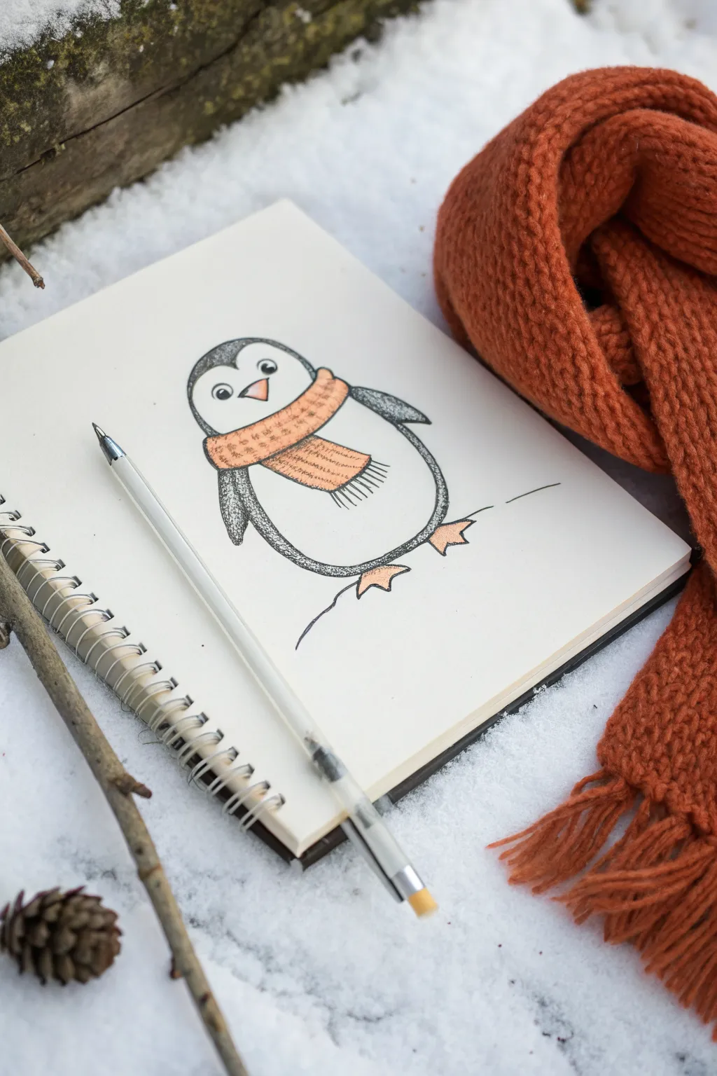 Cozy penguin with scarf directed drawing, minimalist lines, bold color pop, and soft snowy details