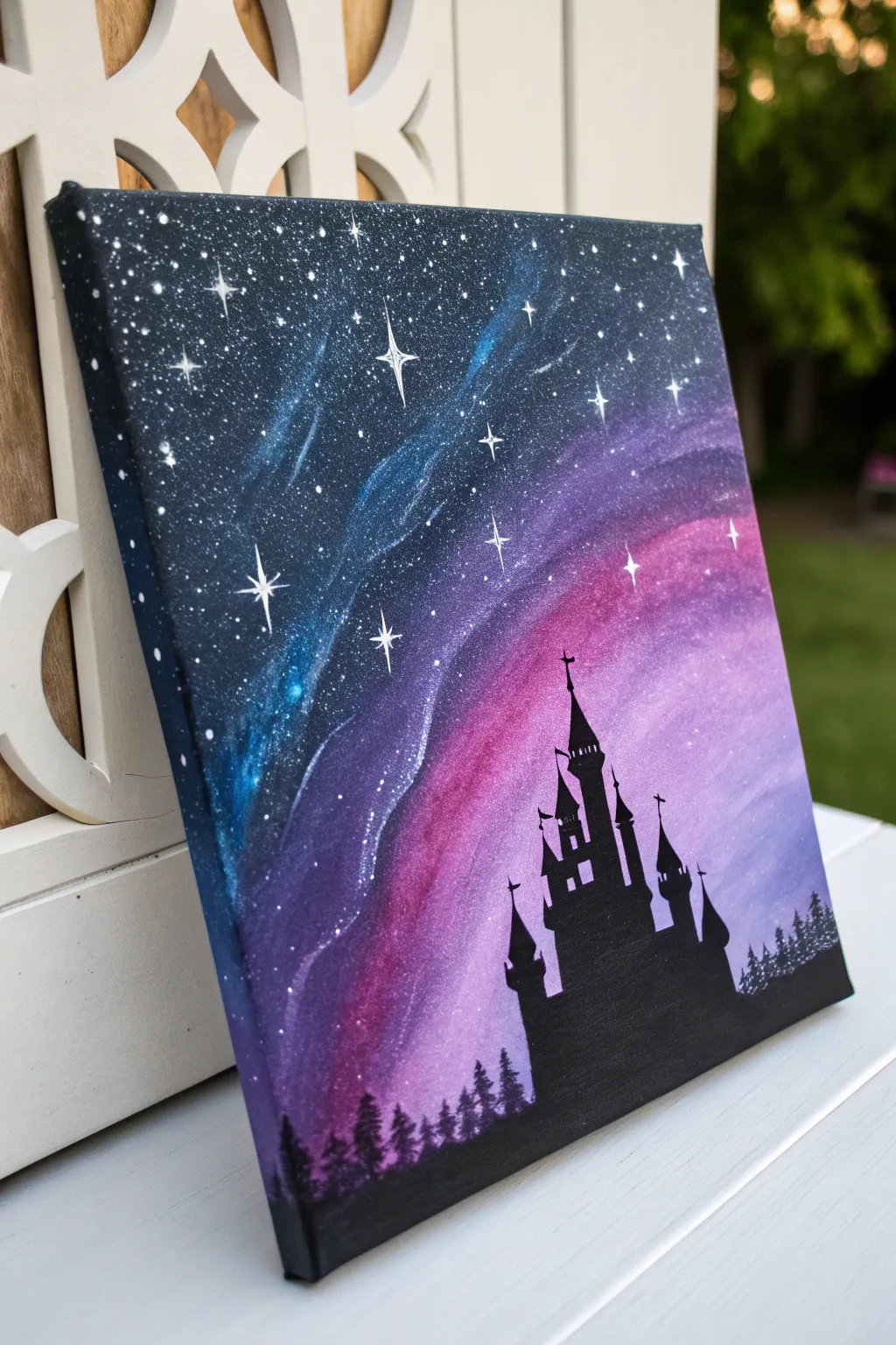 Paint a dreamy galaxy backdrop with a bold black castle silhouette for instant Disney magic