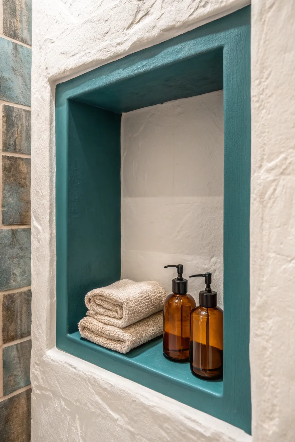 Paint a recessed niche in a bold shade to create an instant color-pop frame in a calm bathroom.