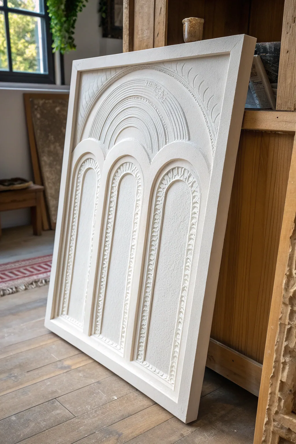 Raised plaster arches DIY canvas art that looks like a Scandinavian gallery piece for your living room