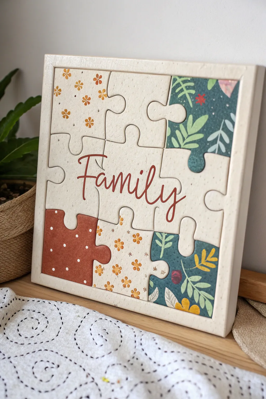 Puzzle-piece family canvas DIY with bold colors and clean outlines, minimalist boho style