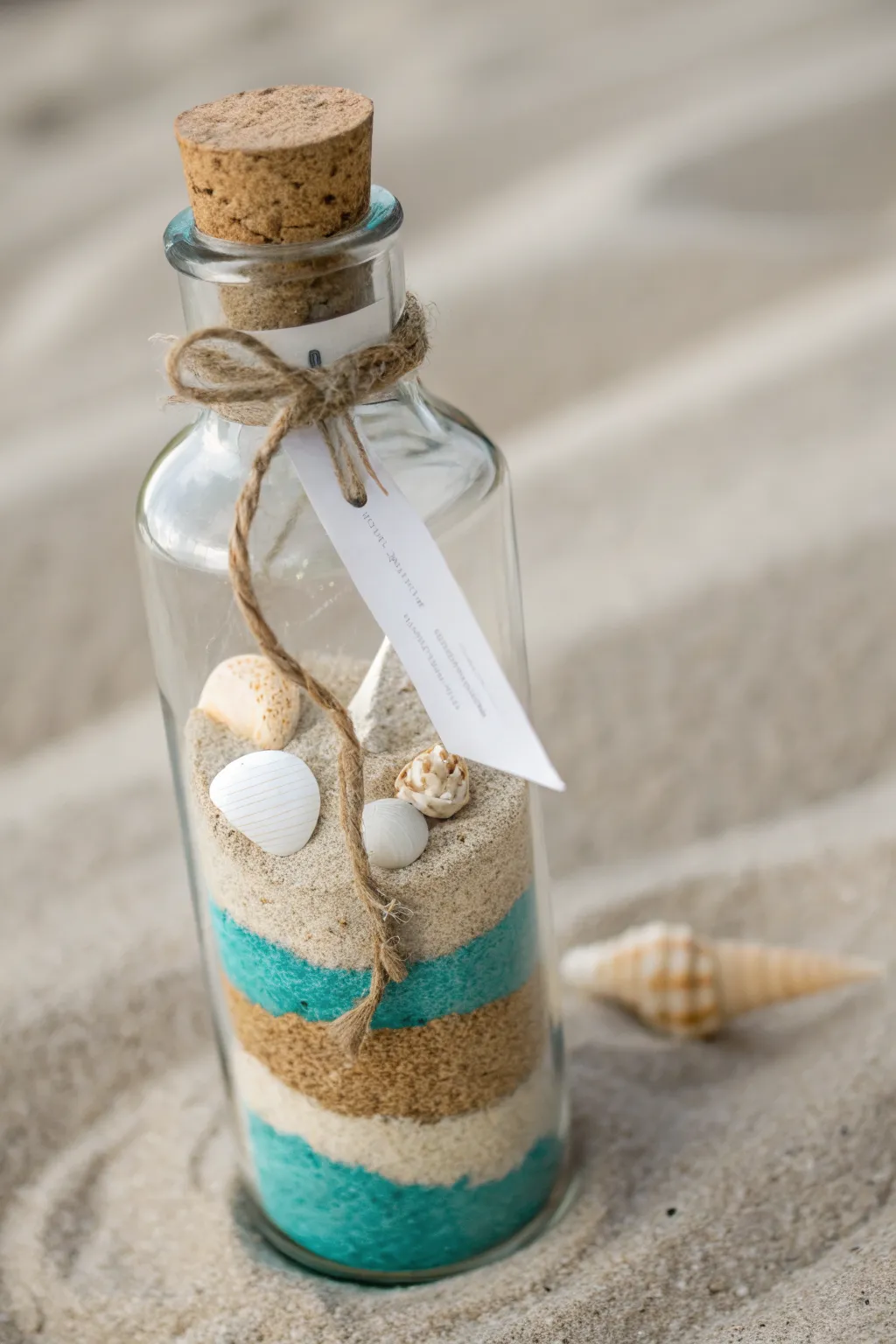 Create a sand-and-shell memory bottle, layered like a tiny beach, perfect for shelves.