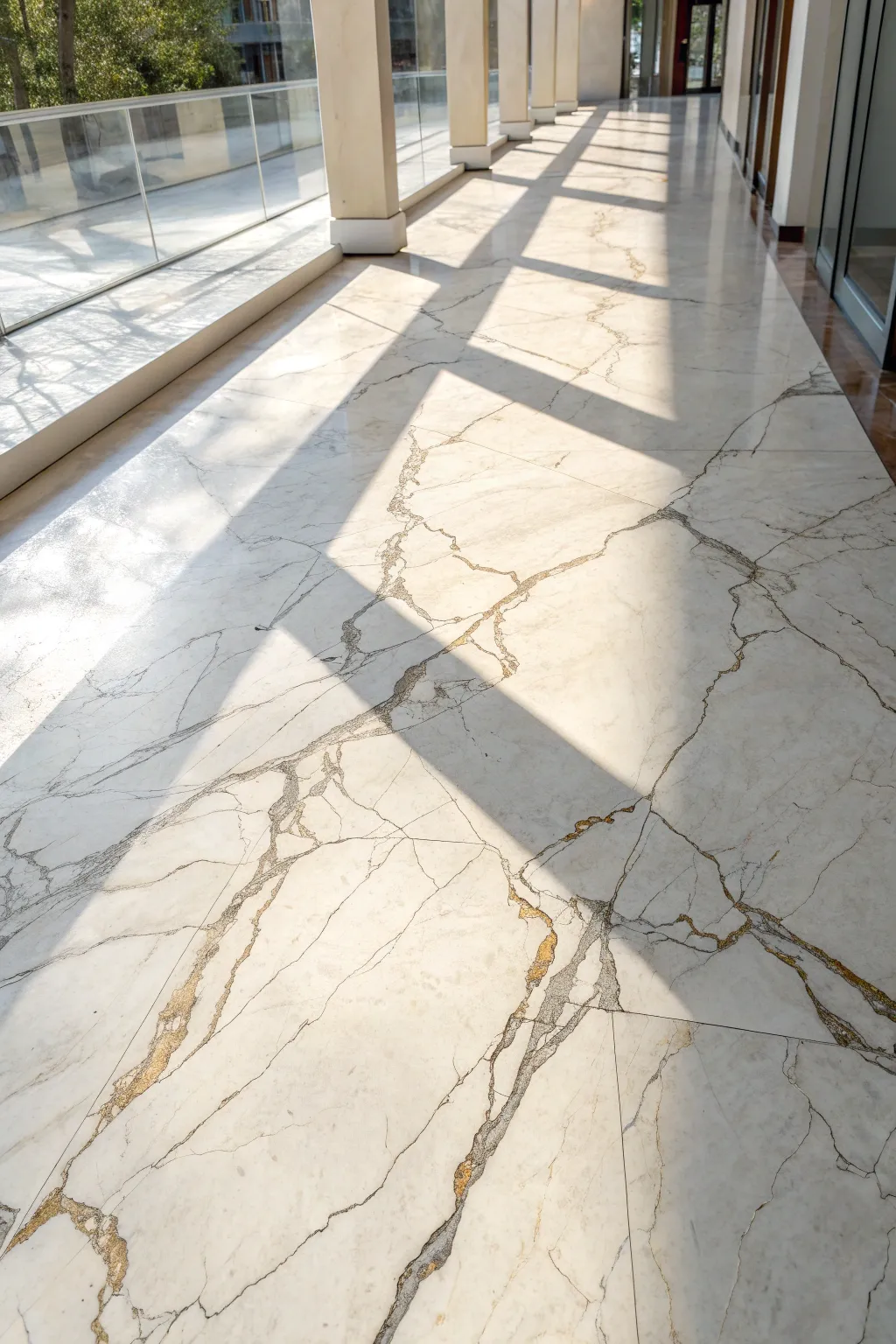 Soft faux marble veining on painted concrete floor, satin sheen and airy gray lines for a calm spa look