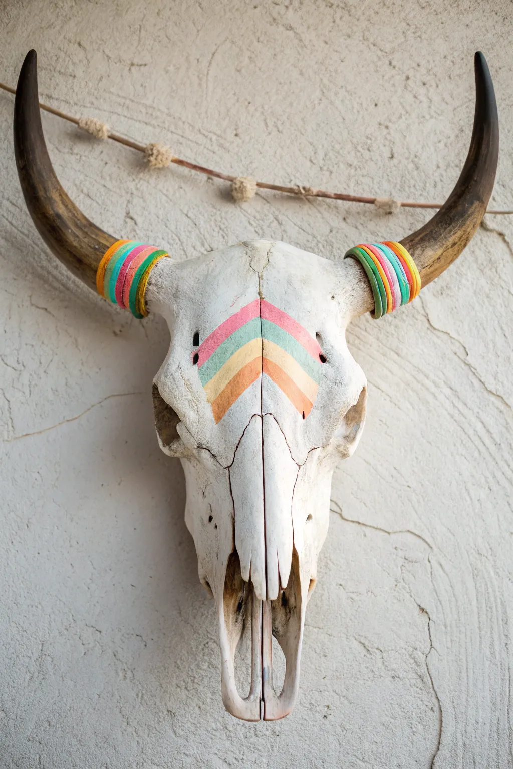 Pastel rainbow banded cow skull with visible bone texture in a clean Scandinavian boho style