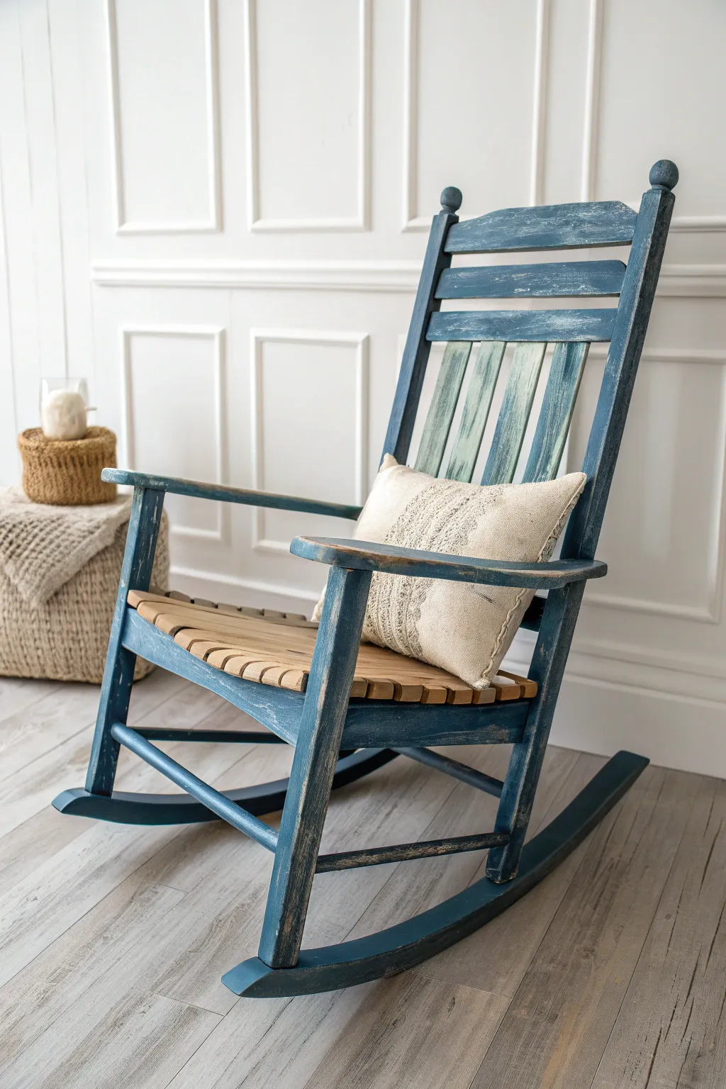 Coastal blue DIY rocking chair with sandy dry-brush edges and airy linen pillow for calm vibes.