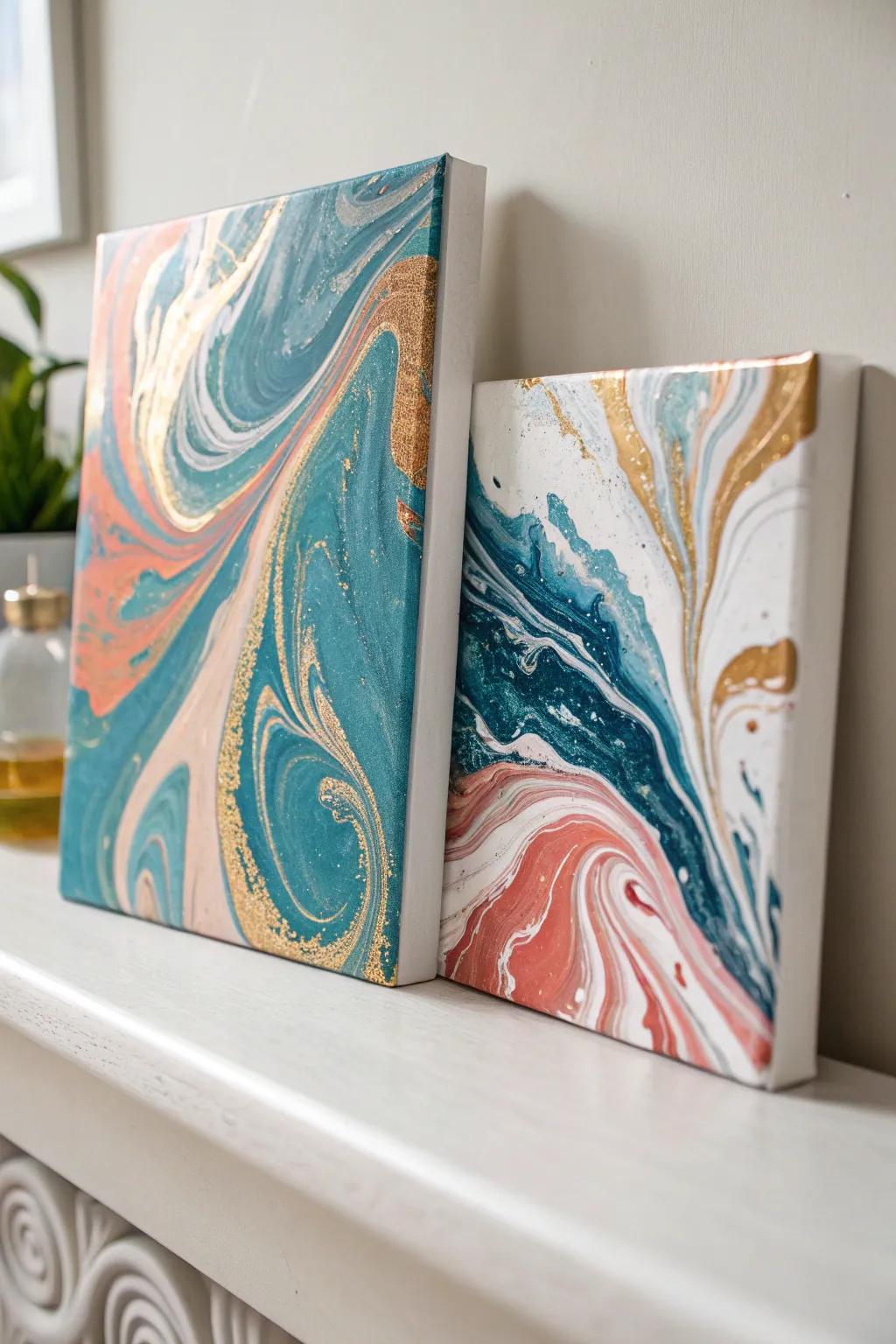 Glossy paint-pour swirls on a mini canvas, Scandinavian minimal with bold boho color.
