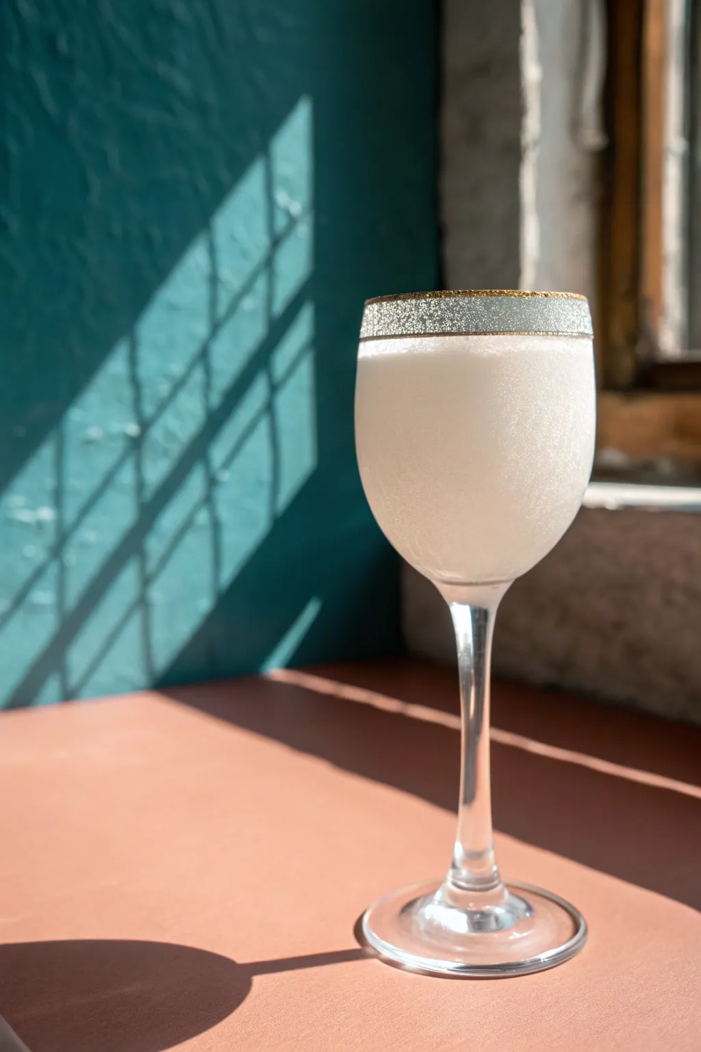 Soft frosted DIY wine glass with a crisp clear rim, minimal styling and bold color contrast.