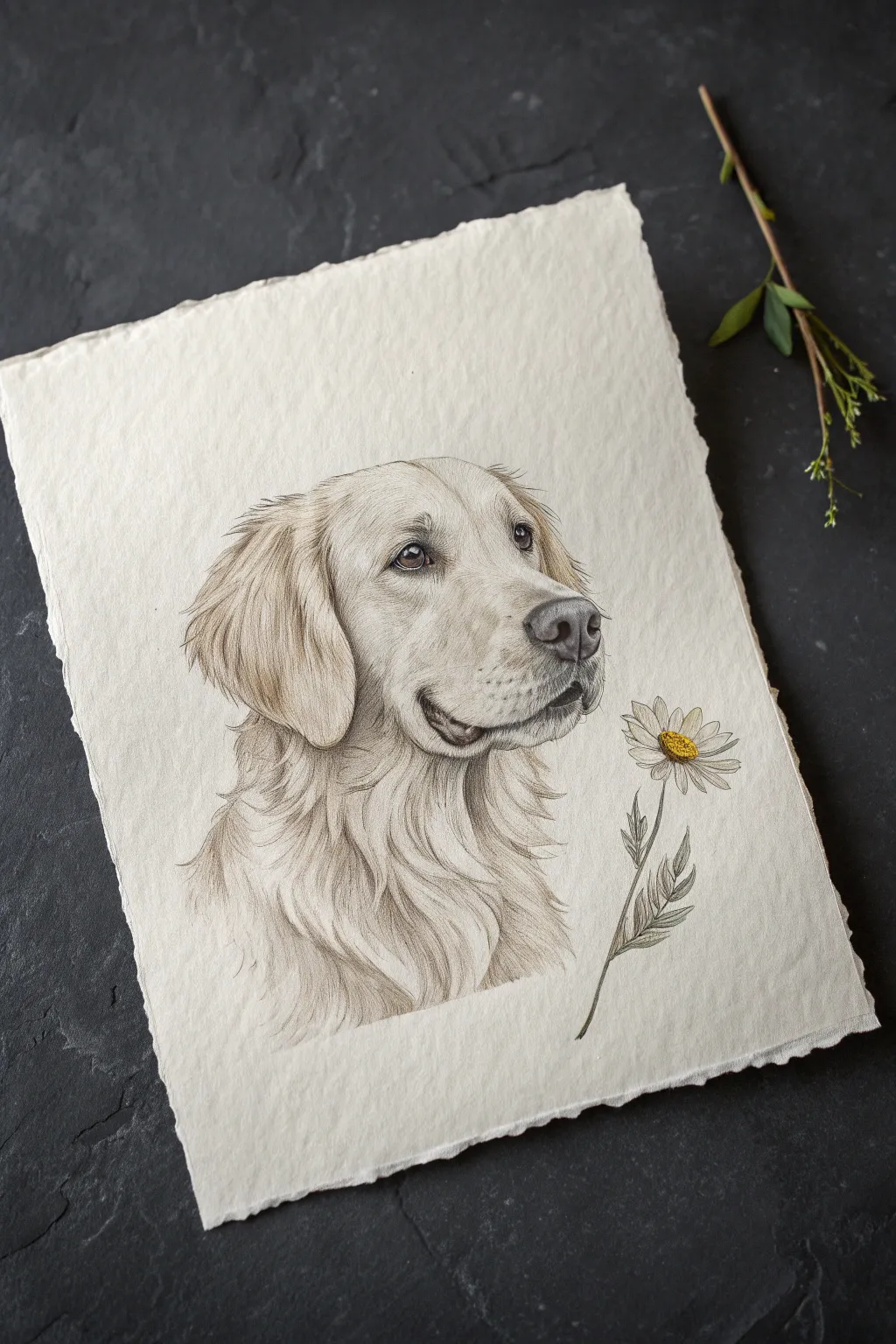 Golden retriever drawing holding a tiny flower sprig, minimalist lines with a bold boho color pop