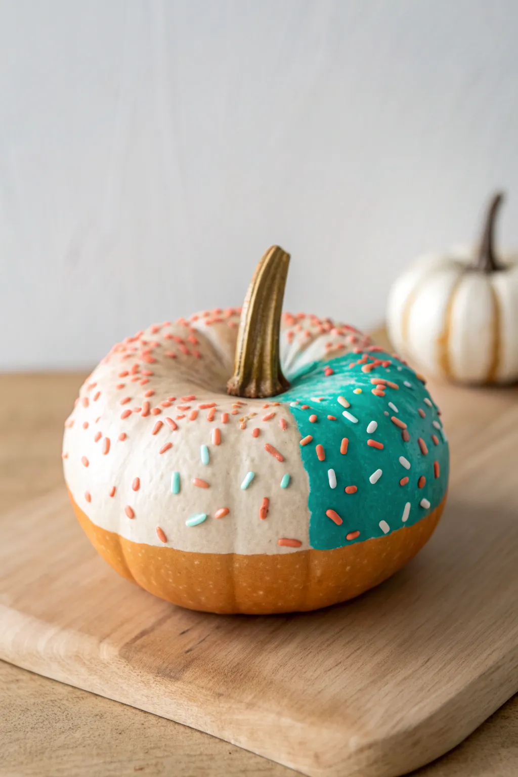 Modern half-dipped donut pumpkin with glossy glaze edge and minimalist sprinkle pop
