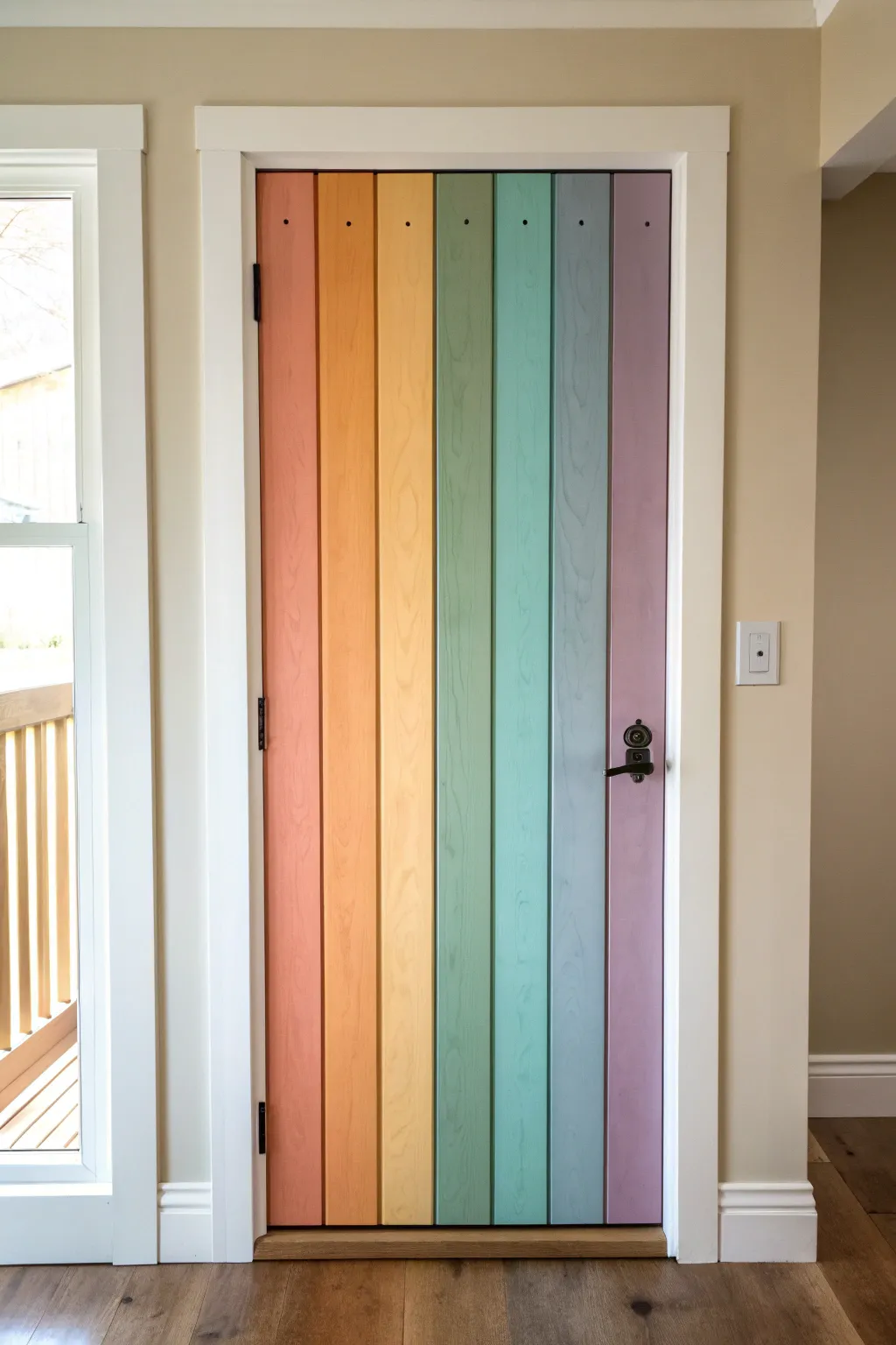 Color-blocked slat door with a harmonious rainbow gradient and bold contrast, minimalist-boho