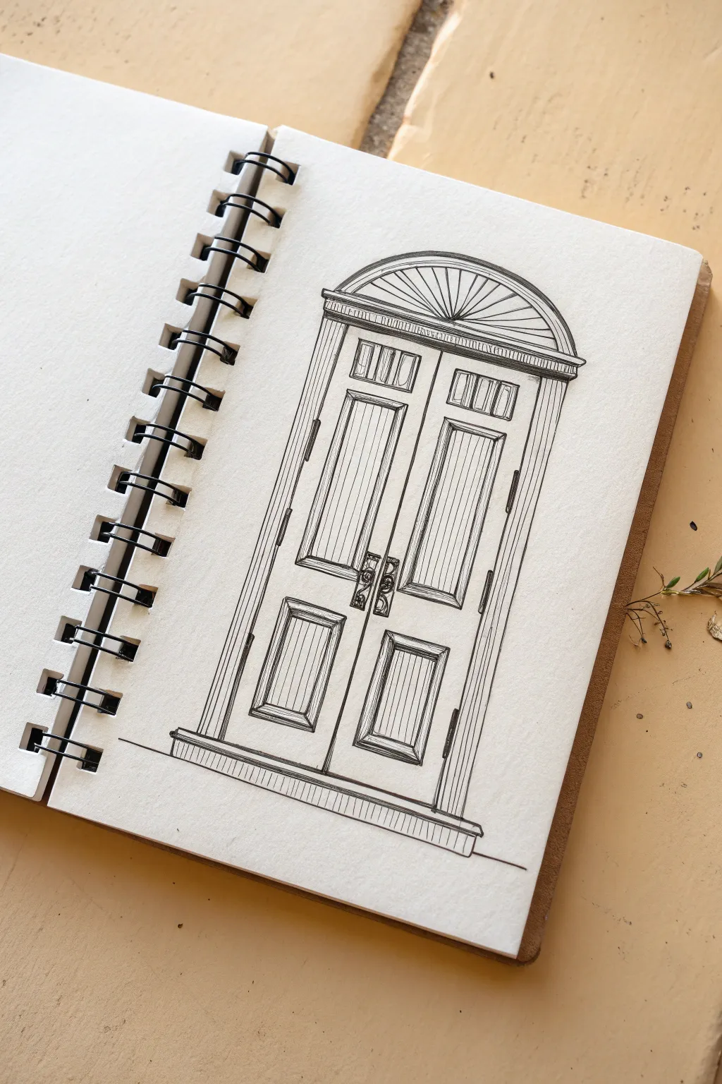 Screen door layered over a main door, clean mesh linework with a bold Scandinavian color pop.