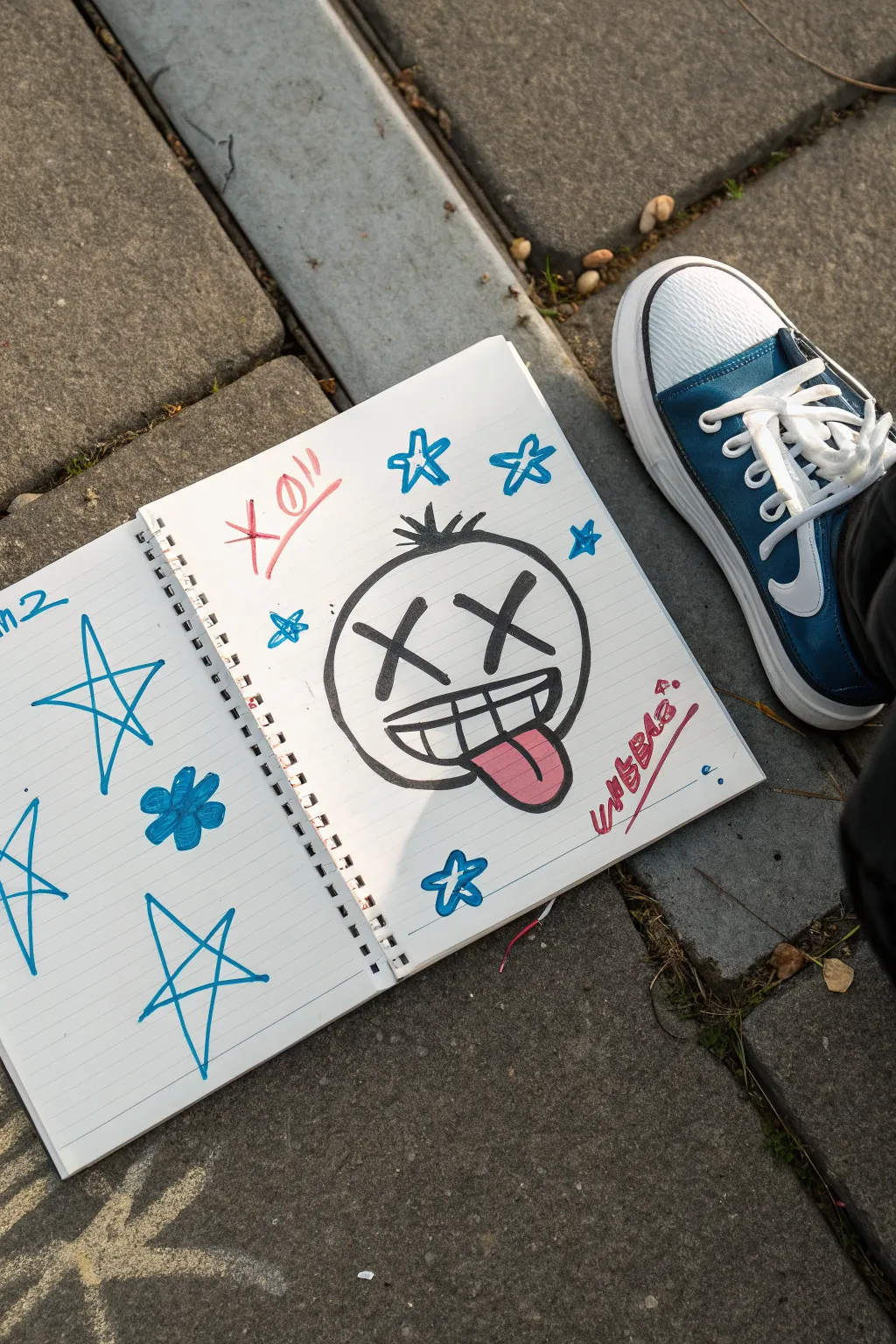 Draw a goofy cartoon head with X eyes and a scribble halo for instant edgy-cute vibes