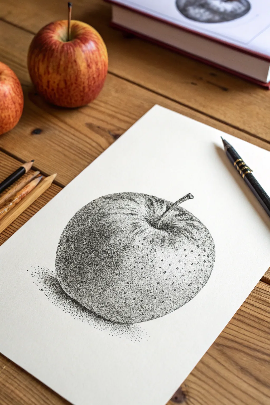 Stippled shading with fine pens: a minimalist apple study of tiny dots and bold contrast