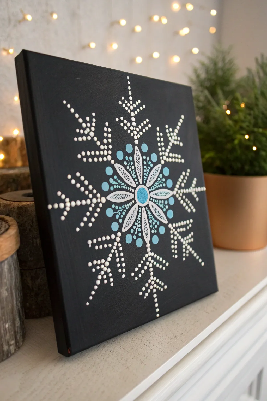 Crisp dot symmetry snowflake in icy blues on a deep charcoal background, minimalist and striking.