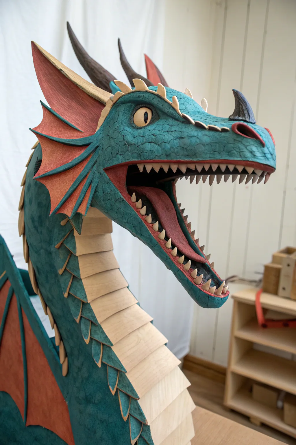 Elastic-tension snap jaw base, inside view of looped elastic for a bouncy dragon chomp.