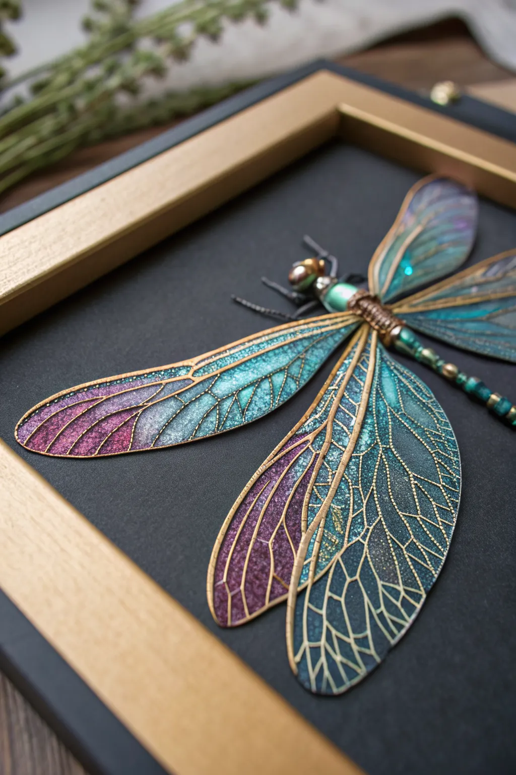 Moody close-up of an iridescent dragonfly wing with metallic veins glowing against charcoal.