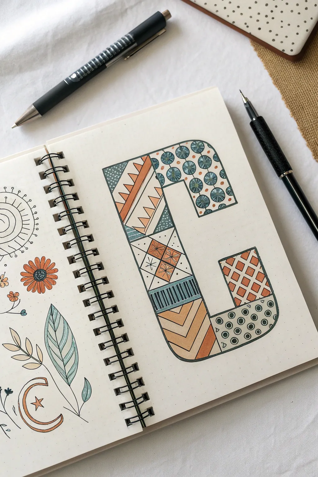 Decorative lettering fill idea: one bold patterned letter in a minimalist sketchbook with color pop