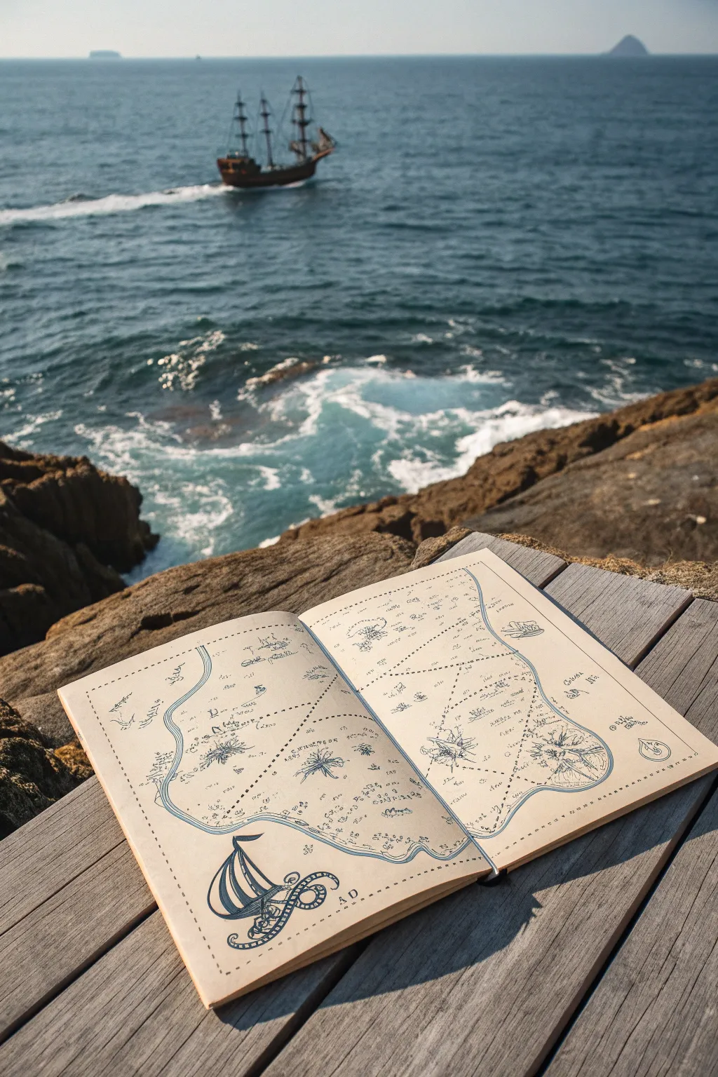 Ocean map magic with swirling currents, a ship silhouette, and a sea creature hiding in the corner